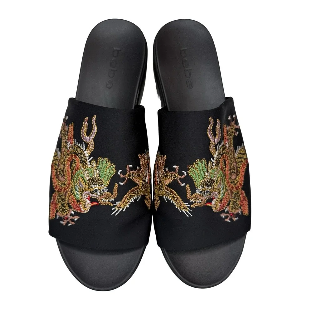 Y2K Bebe Embroidered Dragon Satin Platform Slides Sandals 2000s Rave Size‎ 8